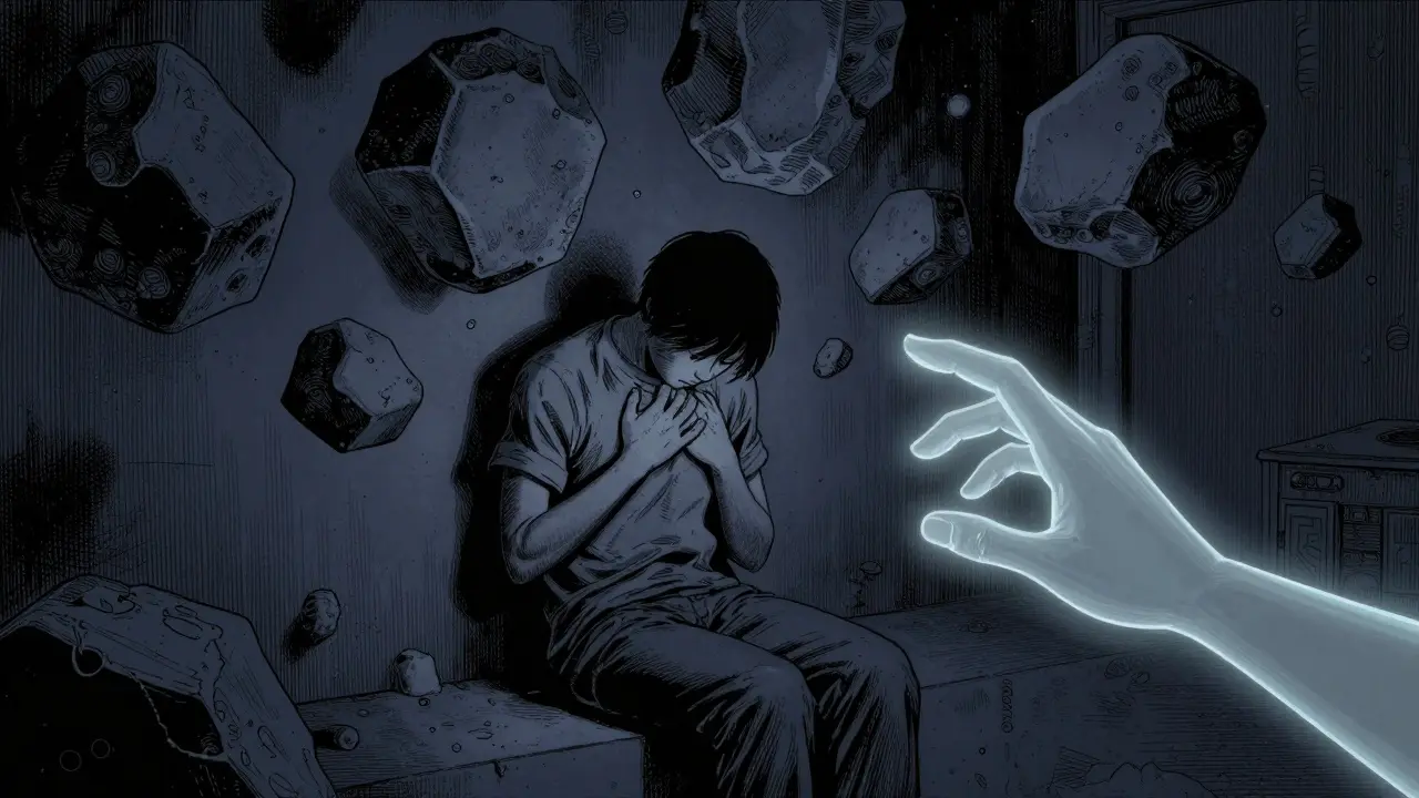 Osoba v tmavé místnosti s kameny na hrudi, zvenku se táhne světelná ruka.