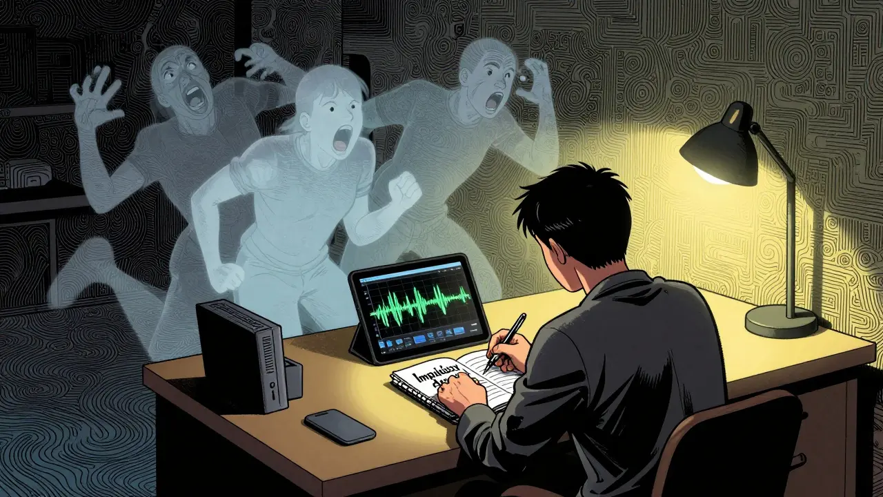 Osoba zapisující impulsy ve dnešním deníku, kolem ní plavou stíny minulých chyb.