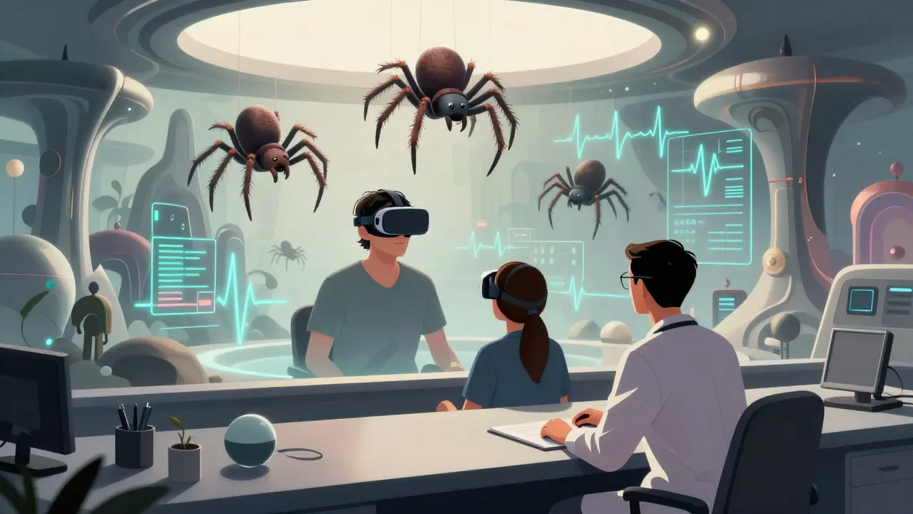 Pacient ve VR headsetu vidí pavouky v bezpečném virtuálním prostředí, senzory zobrazují životní funkce.