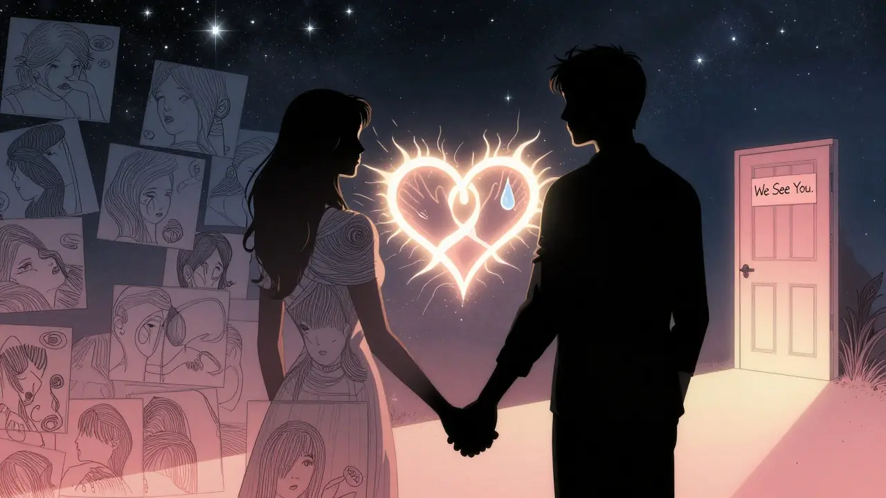 Pár drží ruce pod hvězdnou oblohou, jejich spojení tvoří svítící srdce z emocionálních symbolů.