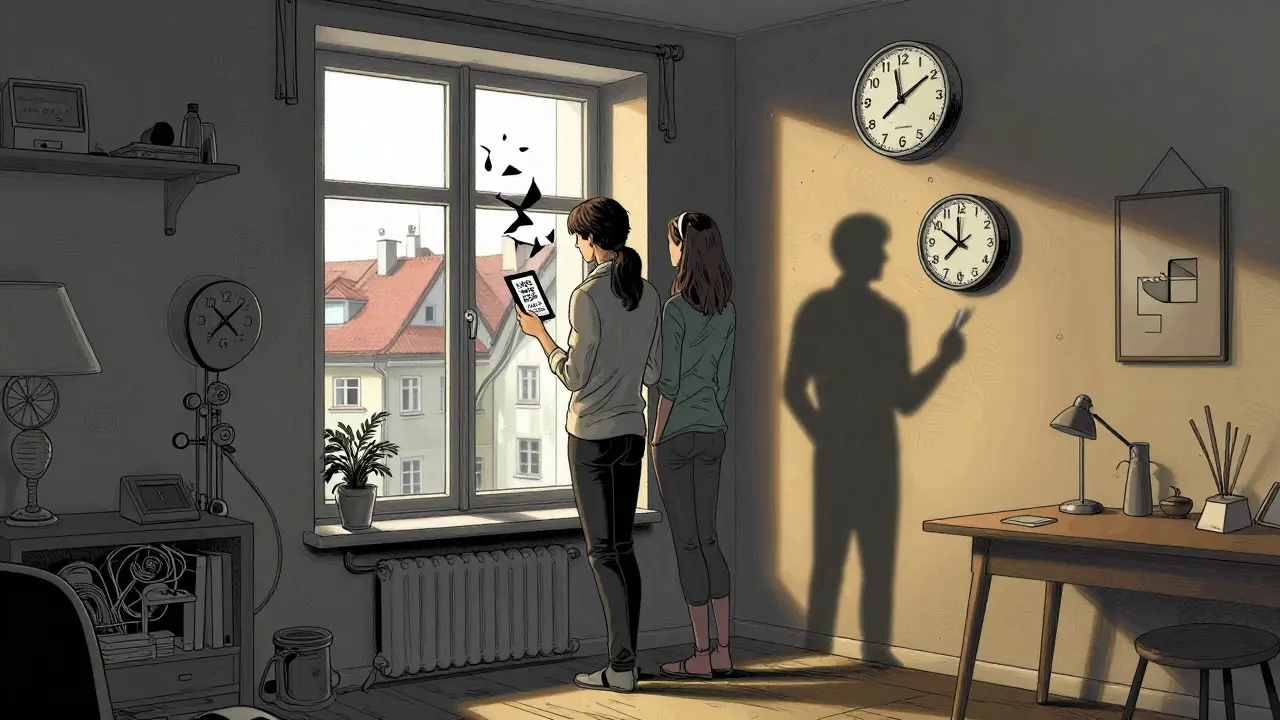 Pár v bytě, žena čte e-knihu, mužův stín se mění v rozbité zrcadlo s hodinami.