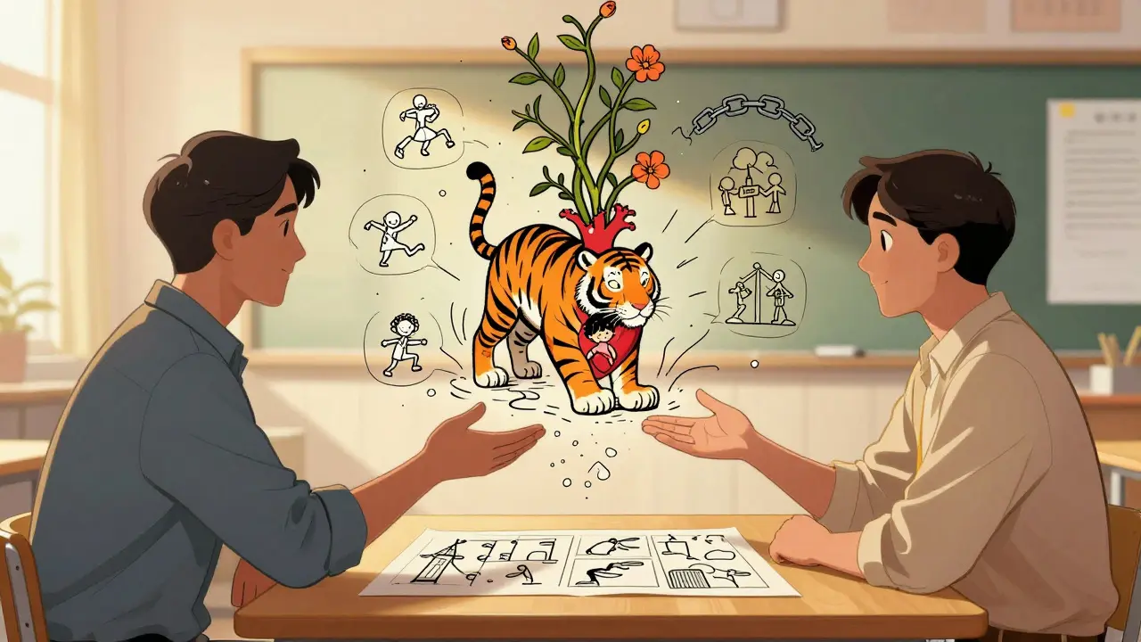 Rodič a učitel spolu sledují diagram tygra v srdci dítěte.