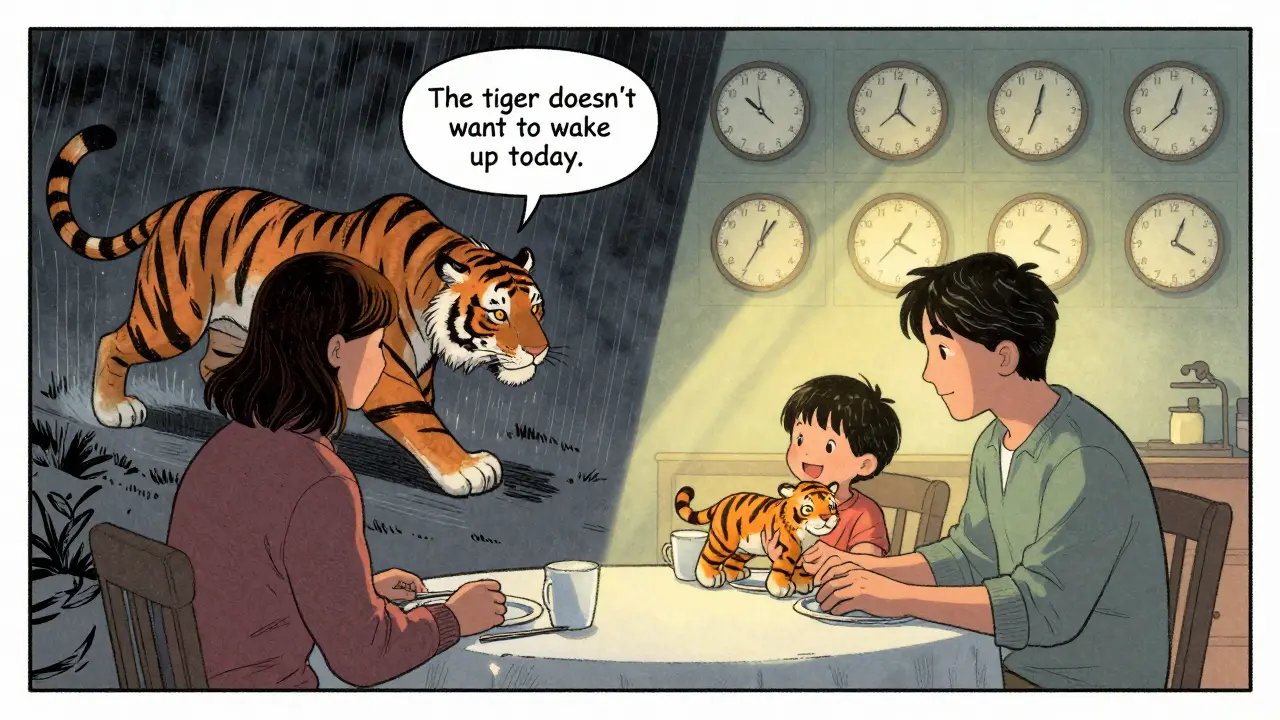 Rodič říká tygři, že nechce vstát, dítě se usmívá s hračkou tygra.