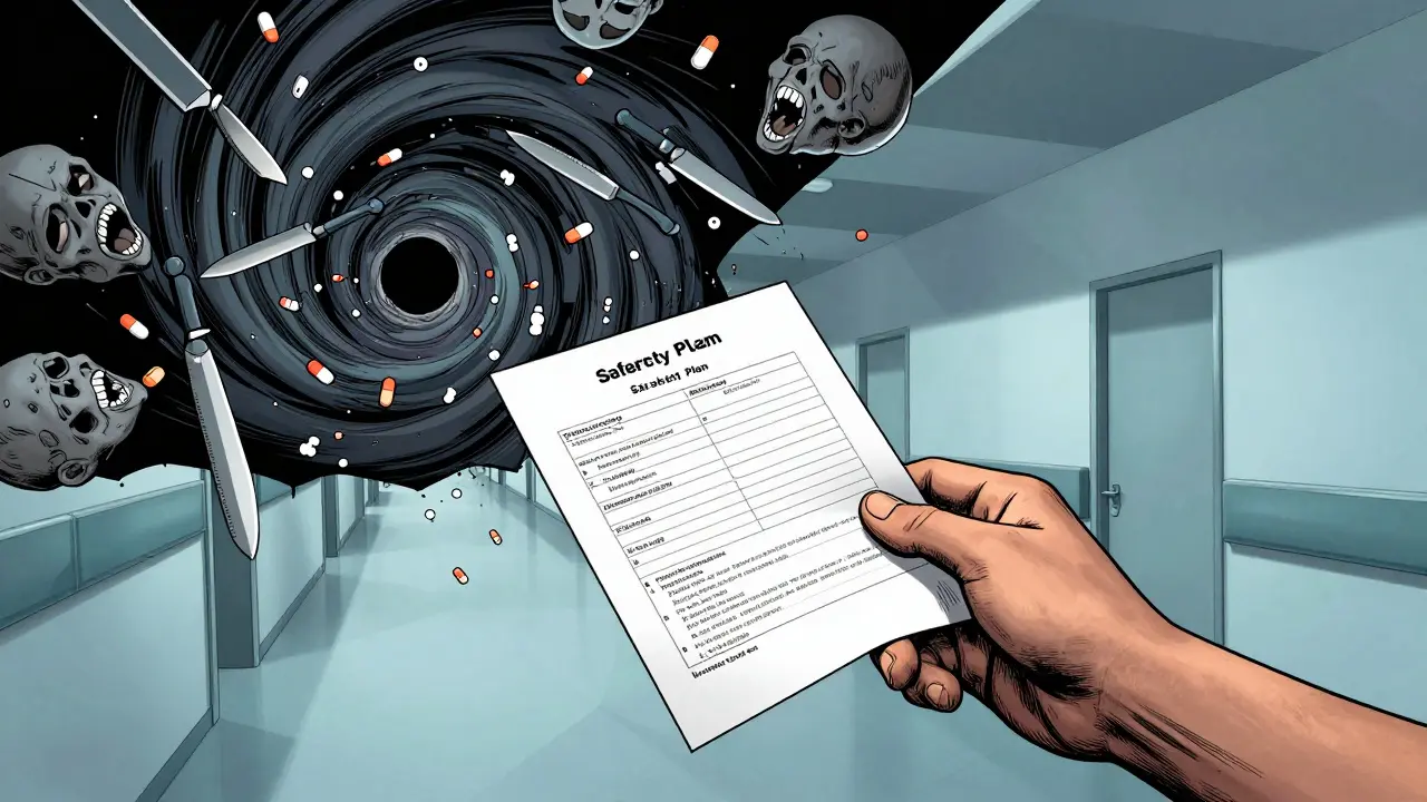 Ruka se táhne z temného chaosu myšlenek k bezpečnostnímu plánu na papíře.