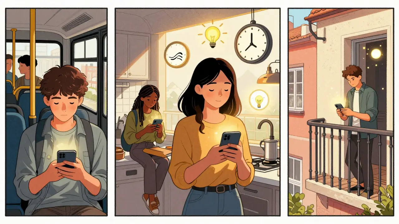 Různí lidé používají telefon s aplikací Kogito v běžných situacích, symbolizující přístupnou psychickou podporu.