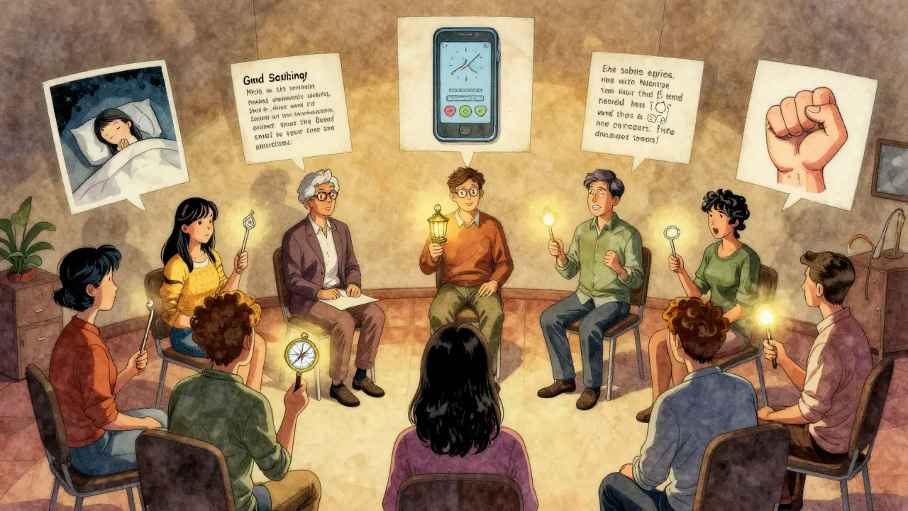 Skupina lidí v terapii drží symbolické nástroje, kolem nich plavou jejich varovné příznaky.