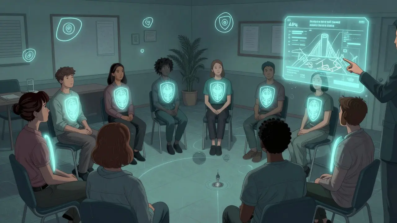 Skupina partnerů v Klecanech má nad hlavami světelné štíty, symbolizující hranice a regulaci emocí.