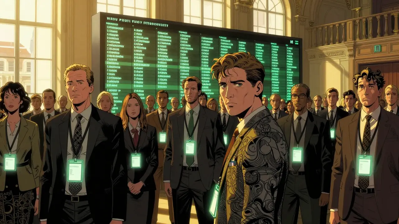 Skupina psychoterapeutů v sále s digitálním registrem kvalifikovaných odborníků.