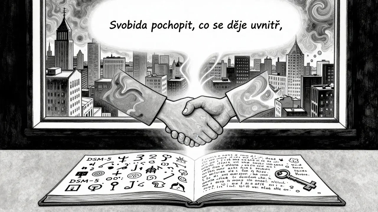 Terapeut a klient se podávají ruce, jejich spojení tvoří dvouzávitovou strukturu, za nimi se mění klinické a osobní symboly.