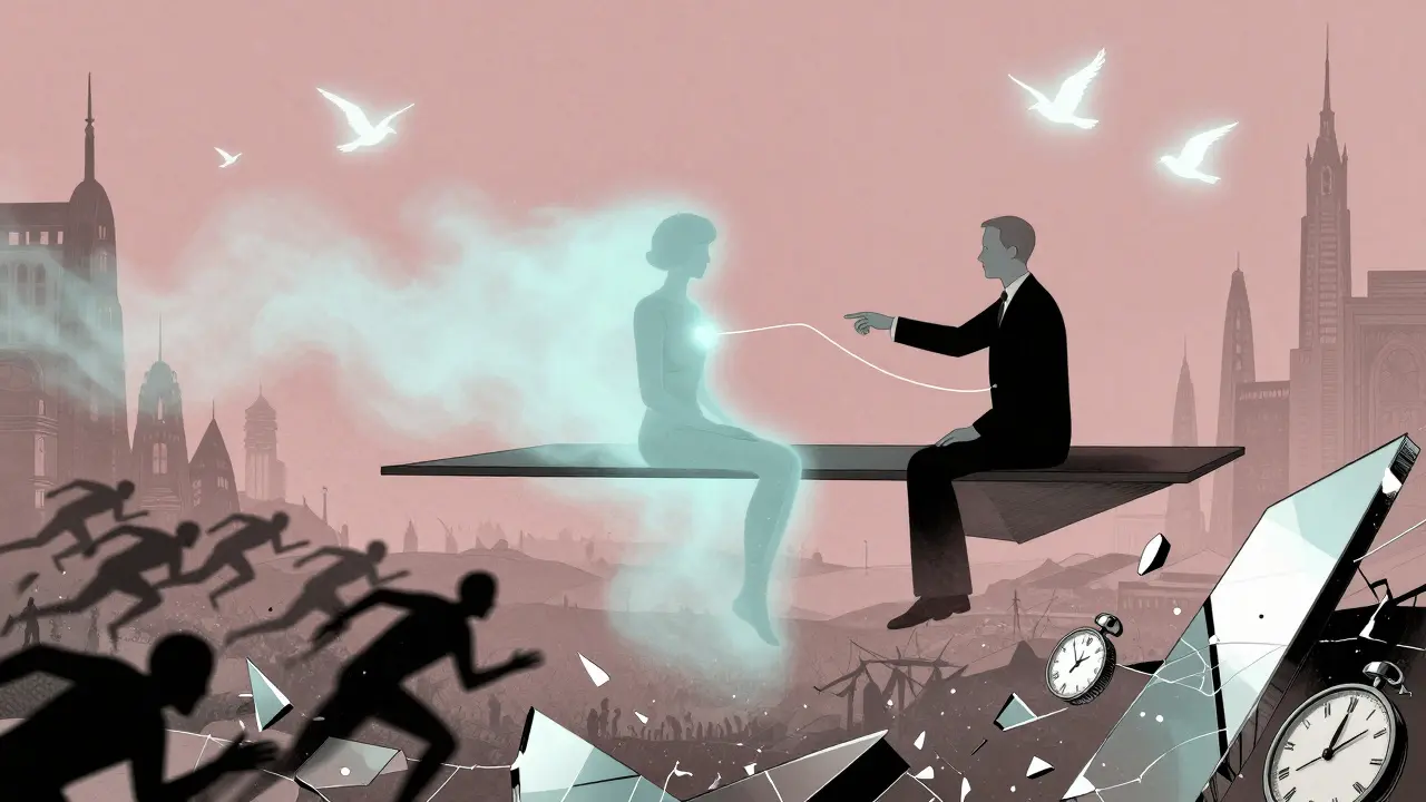 Terapeut a klient sedí na plavající platformě nad rozbitým krajem, zatímco světlo pomalu vrací tělo k životu.