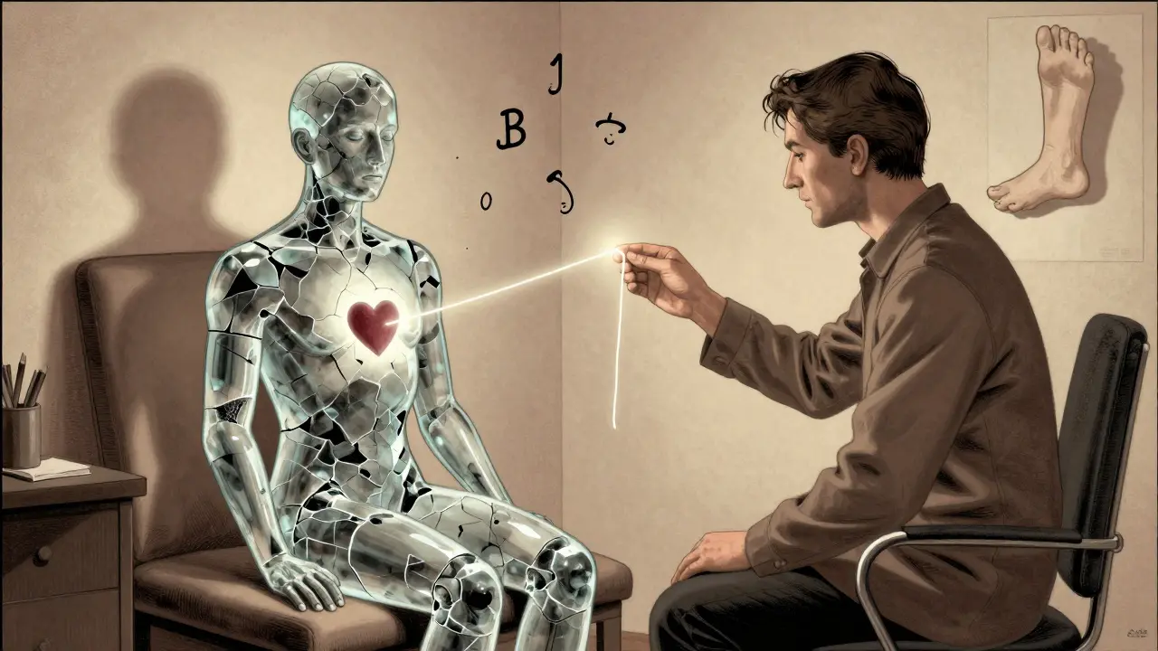 Terapeut a klient v klidné místnosti, klientovo tělo se pomalu hojí, spojeno zářivým vláknem k srdci, kolem nich se rozptýlí stíny disociace.