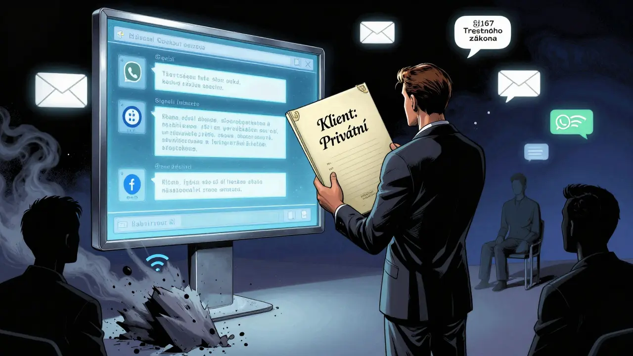 Terapeut drží uzavřený soubor, zatímco nebezpečné komunikační kanály se mění v prach, symbolizující bezpečnou komunikaci.