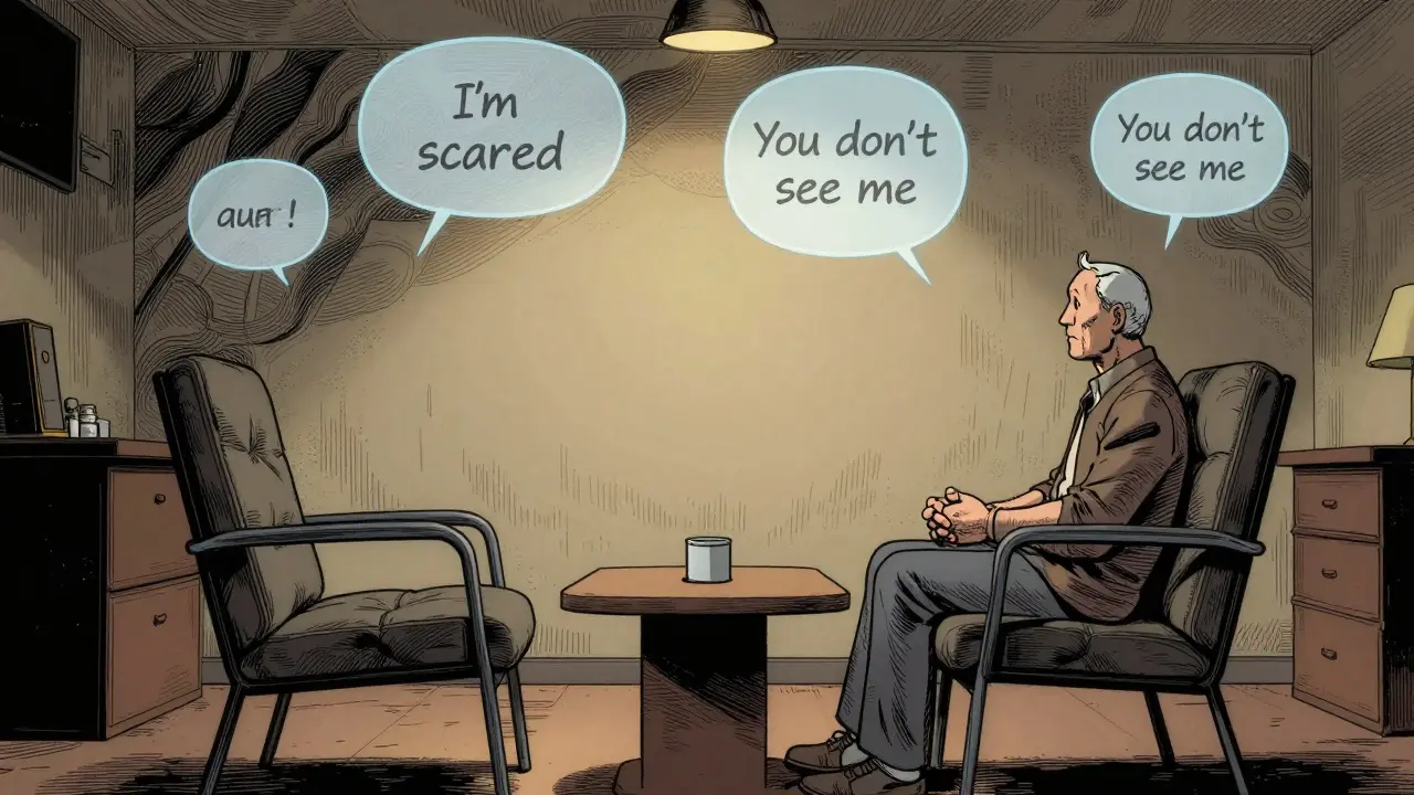 Terapeutický pokoj s prázdným židli a zvýrazněnými myšlenkami mezi dvěma sedícími lidmi.