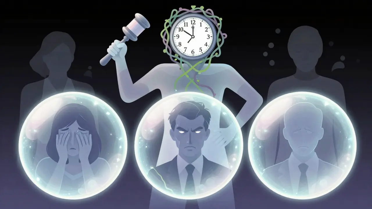 Tři klienti jsou chráněni křehkými bublinami, zatímco nad nimi vystupuje symbolická postava psychologické komory.