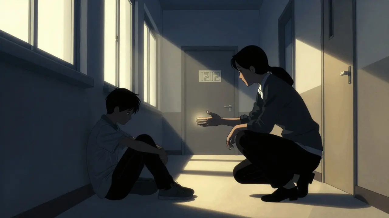 Učitelka v škole klidně sedí u opuštěného teenagera v chodbě, osvětleno jemným světlem.