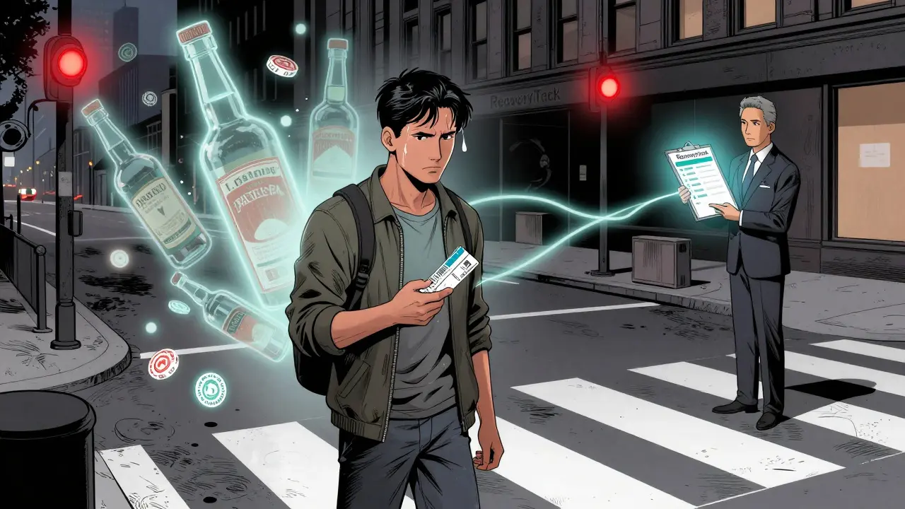 Bývalý klient čelí návratu závislosti v městském prostředí, zatímco jemná spojka s terapeutem ho udržuje na cestě k uzdravení.