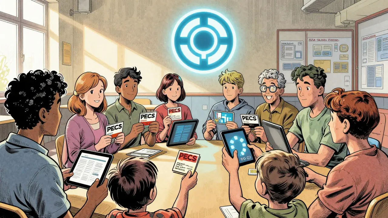 České rodiny spolu v komunitním centru používají obrázky a tablety pro komunikaci.