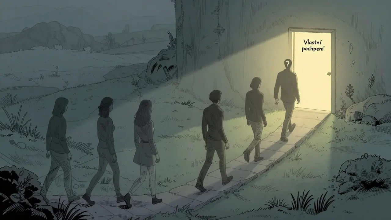 Cesta skrz mlhu vede k dveřím s nápisem 'Vlastní pochopení'.