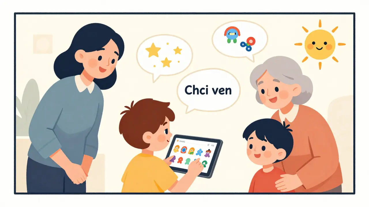 Dítě používá tablet s AAC ikonami, aby řeklo 'Chci ven', kolem něj rodina.