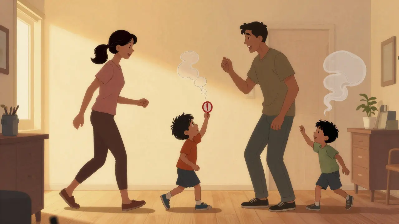 Dítě ukazuje červenou kartu 'přestávka', zatímco rodina zůstává v klidu, osvětlená teplým světlem, symbolizující porozumění a podporu.