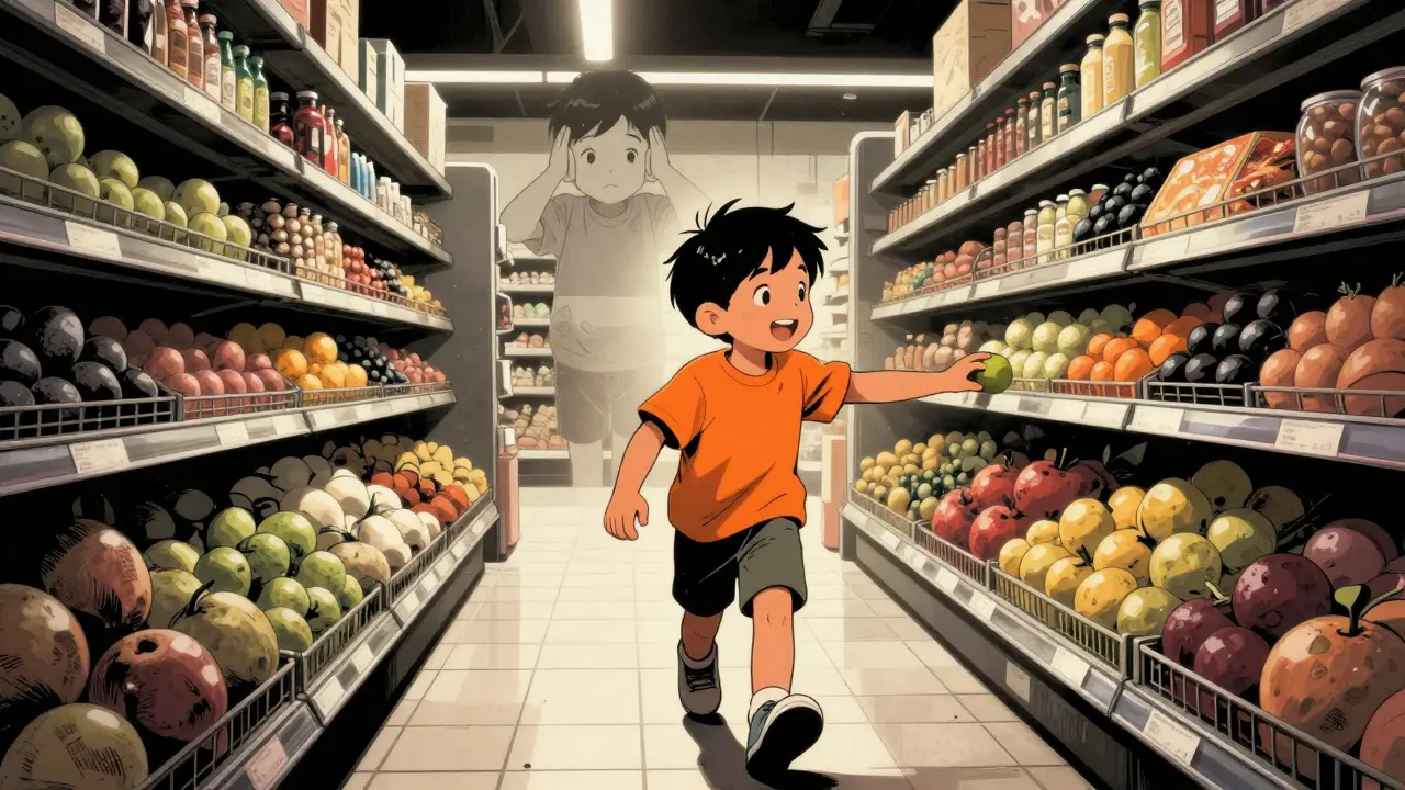 Dítě v obchodě se směje, zatímco za ním zůstává stín jeho dřívějšího strachu z hluku.