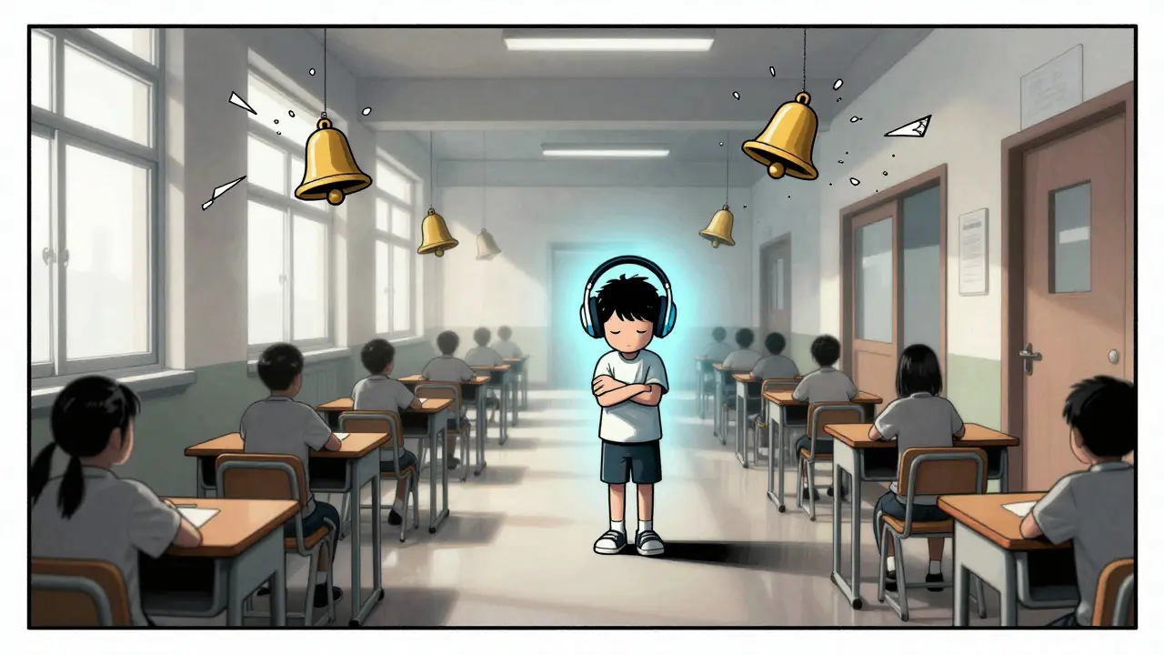 Dítě v školní chodbě je obklopeno chaosem zvuků a světla, ale chrání ho klidná haló sluchátek, která ho izolují od přetížení.