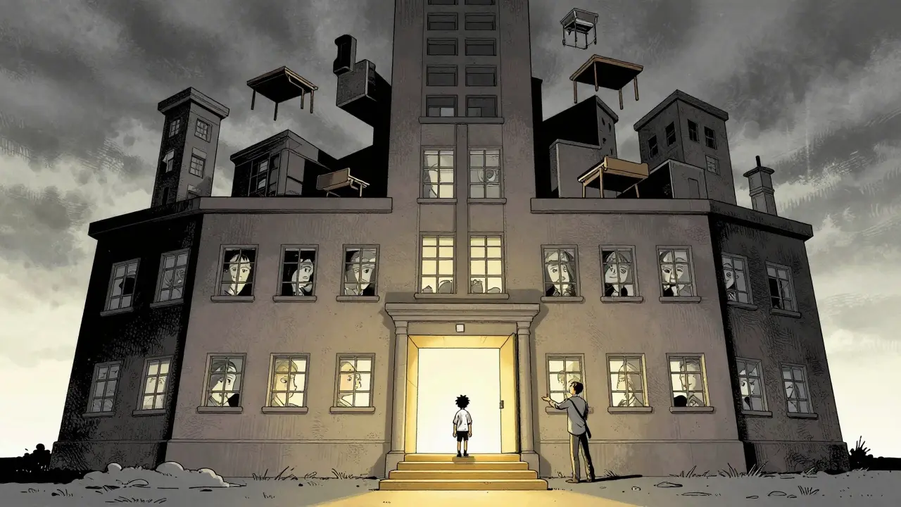 Dítě zastaveno u vchodu do školy, kde architektura vypadá jako laboratoř strachu.