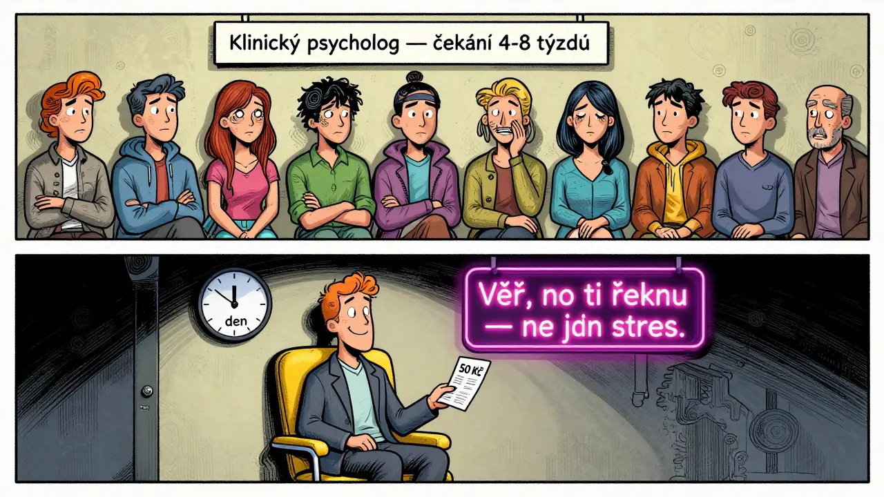 Dlouhá řada lidí čeká na klinického psychologa, zatímco jiný klient rychle začíná terapii za 50 Kč.