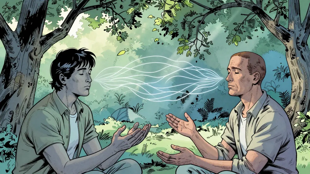 Dýchací cvičení při duševní krizi v klidné přírodě.