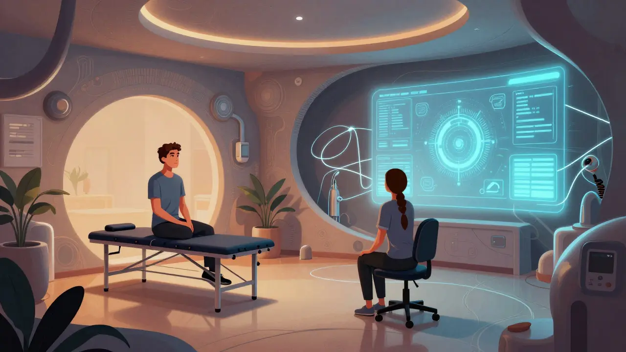 Hybridní terapeutický prostor s fyzickými a digitálními prvky spojenými světelnými čarami