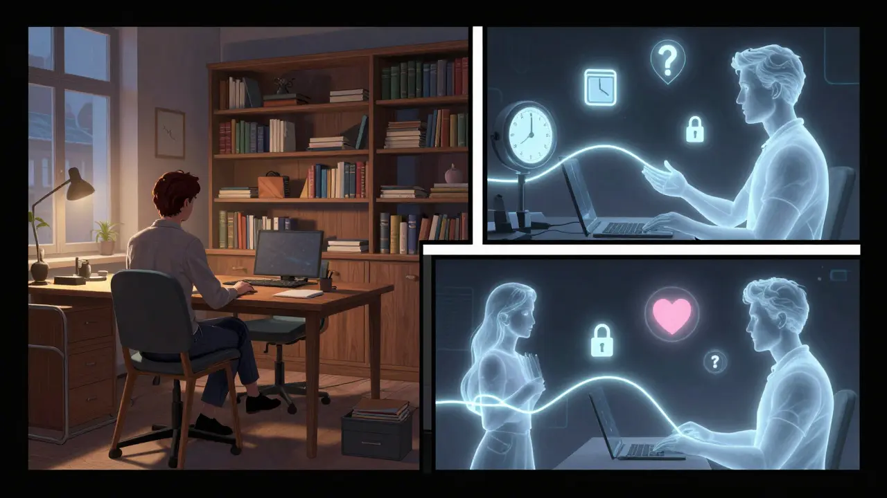 Hybridní terapie: první setkání osobně a další online, spojené světelným vláknem.