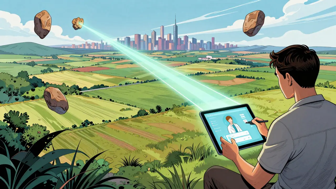 Klient v venkovské oblasti s tabletem a holografickou spojnicí do města