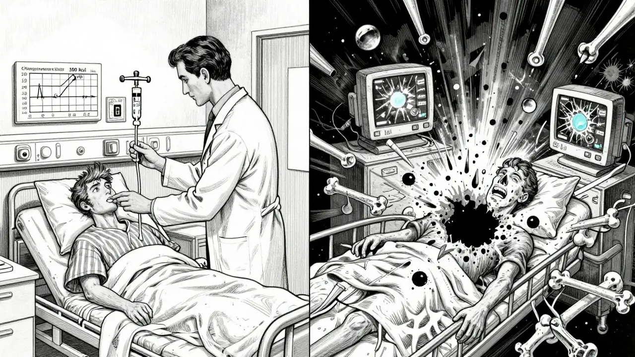 Kontrast mezi opatrným refeedingu a katastrofickým metabolickým selháním, styl Moebius.