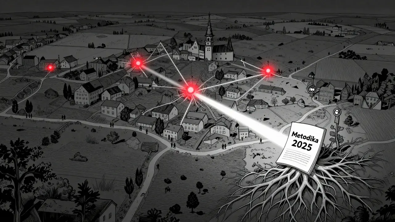 Mapa Česka s osvětlenými městy a rozšiřující se světlo z metodiky peer podpory.