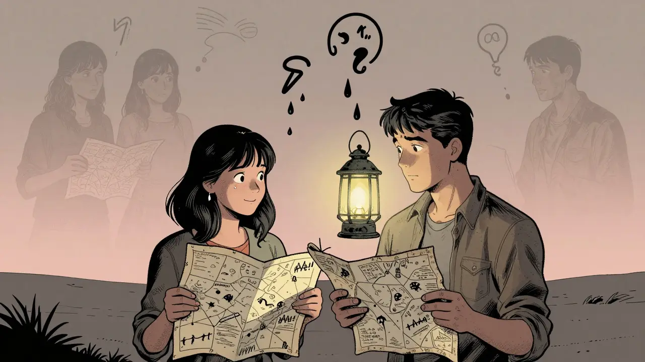 Pár drží listy s emocemi, které se mění v letící symboly lásky a pochopení.