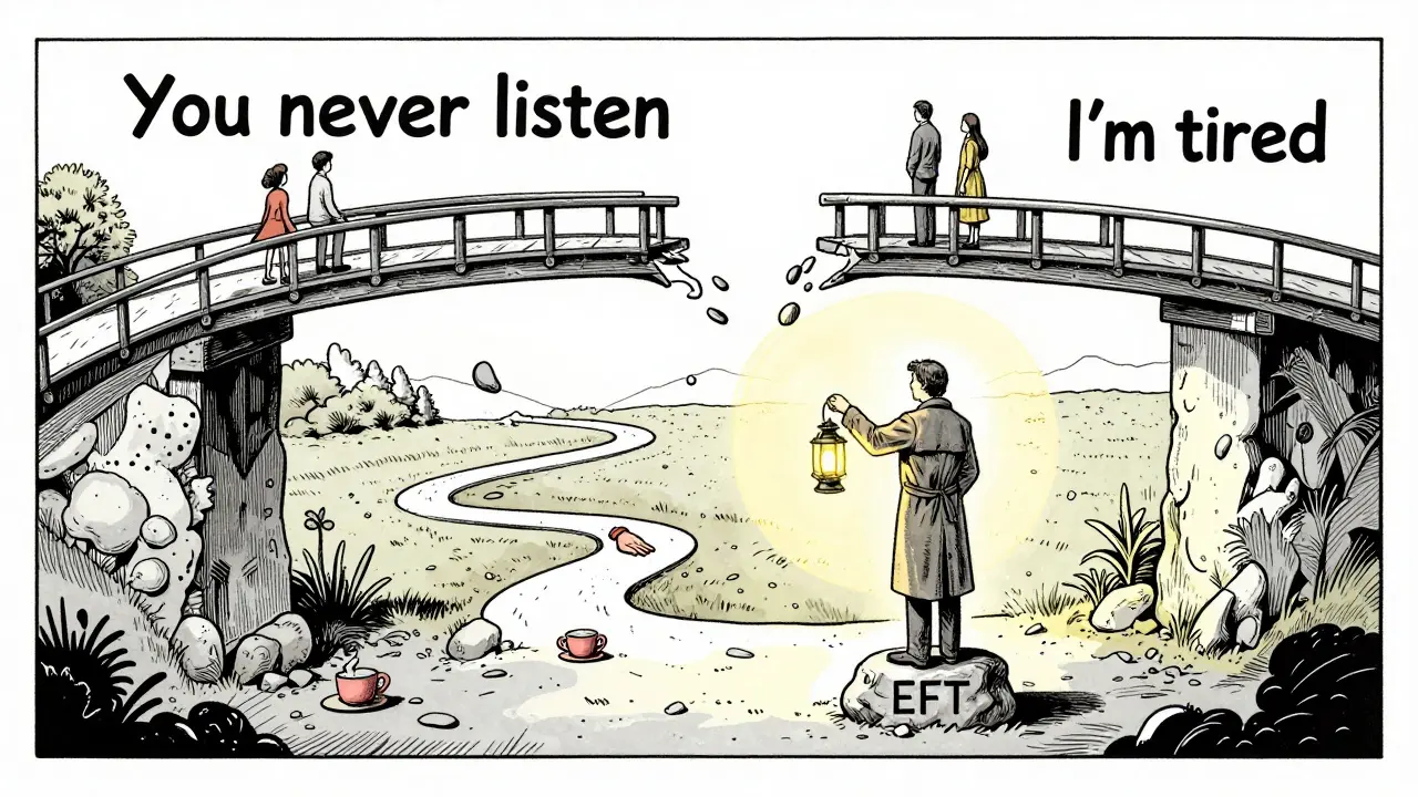 Pár na rozpadající se mostě slov, terapeut jim ukazuje skrytou cestu k pochopení.