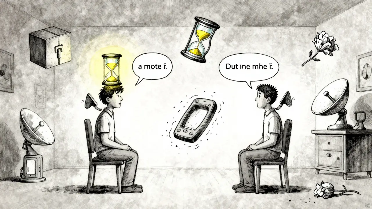 Pár v terapii: jeden mluví, druhý naslouchá, kolem nich plavou symboly zranění.