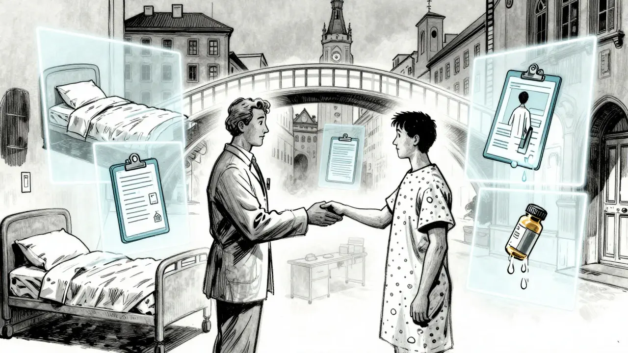 Peer konzultant a pacient si podávají ruce, za nimi se objevují vzpomínky duševní krize.