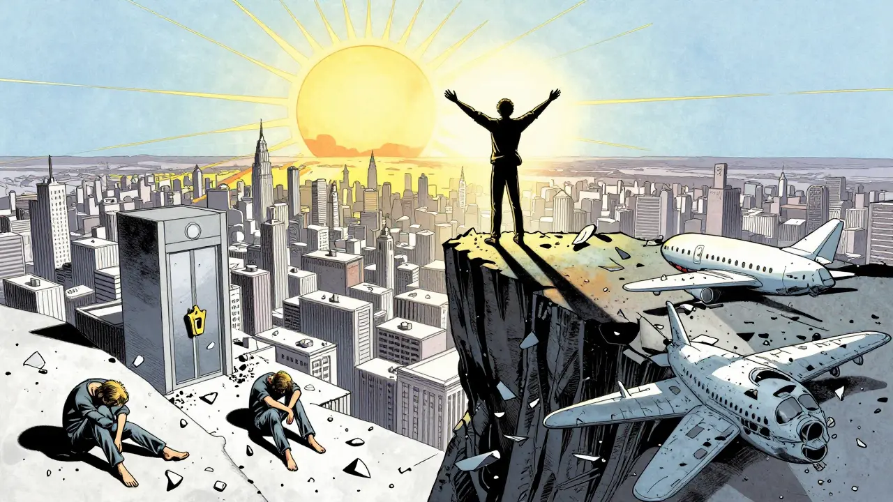 Postava na štítě, rozbité fobie pod ní, slunce za ní — svoboda po terapii.