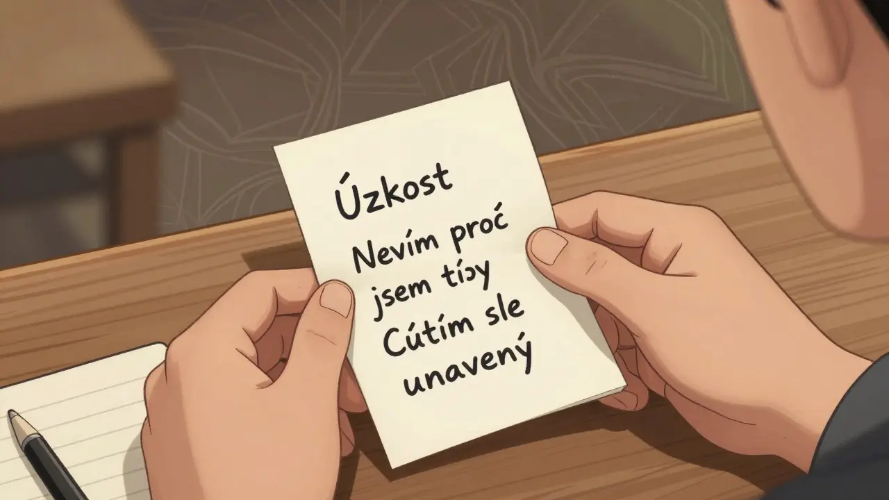 Ruce drží list s třemi slovy: úzkost, nevím proč jsem tady, unavený.