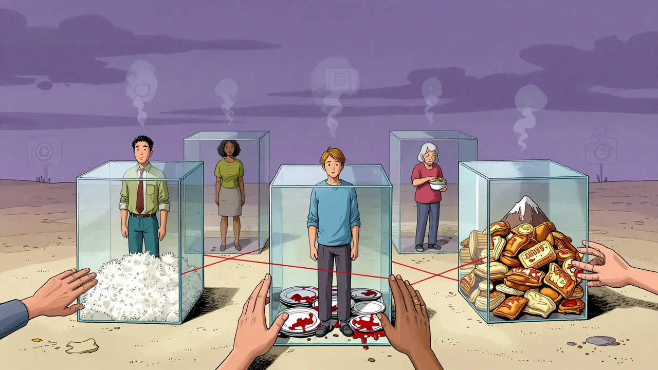 Různí lidé v skleněných krabicích s různými potravinami, ruce se k nim táhnou, ale nekontaktují.