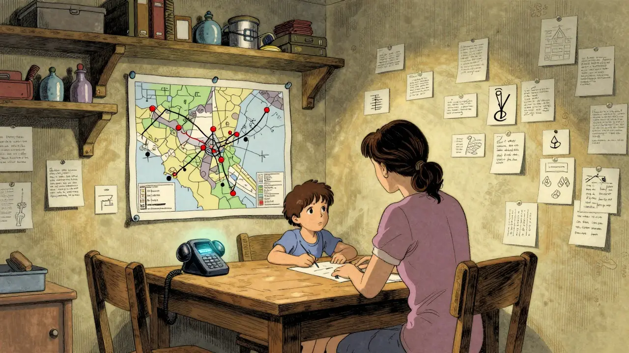 Skryté útočiště s ženou a dítětem, mapa na zdi, telefon s číslem 116 016.