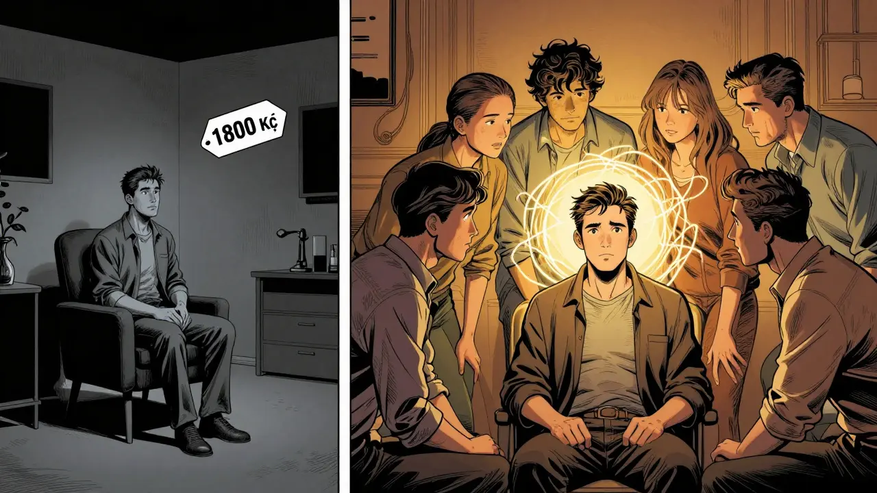 Srovnání izolované terapie s terapií ve skupině, znázorněné dvěma scénami.