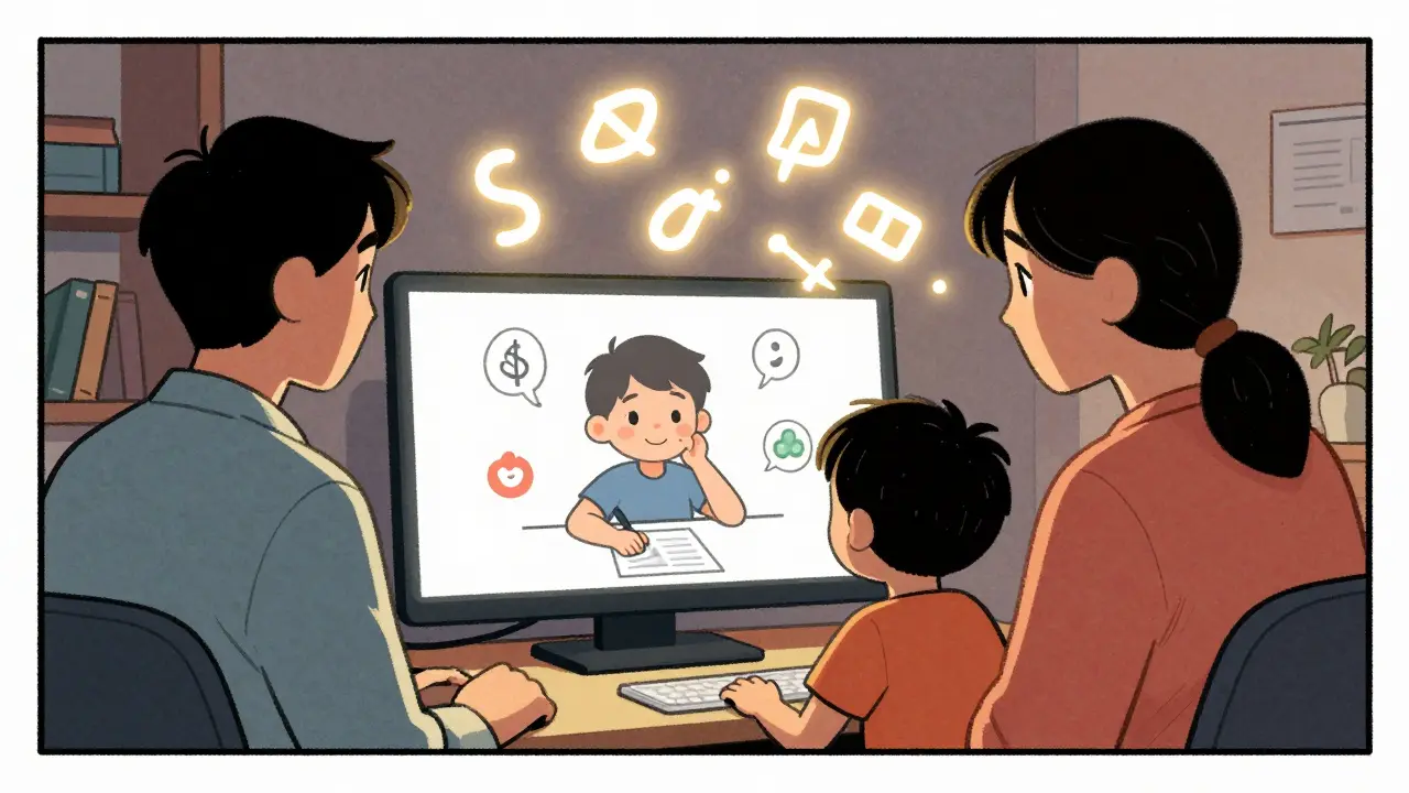 Terapeut a dítě sdílející vizuální pomůcky během online sezení s abstraktními symboly.