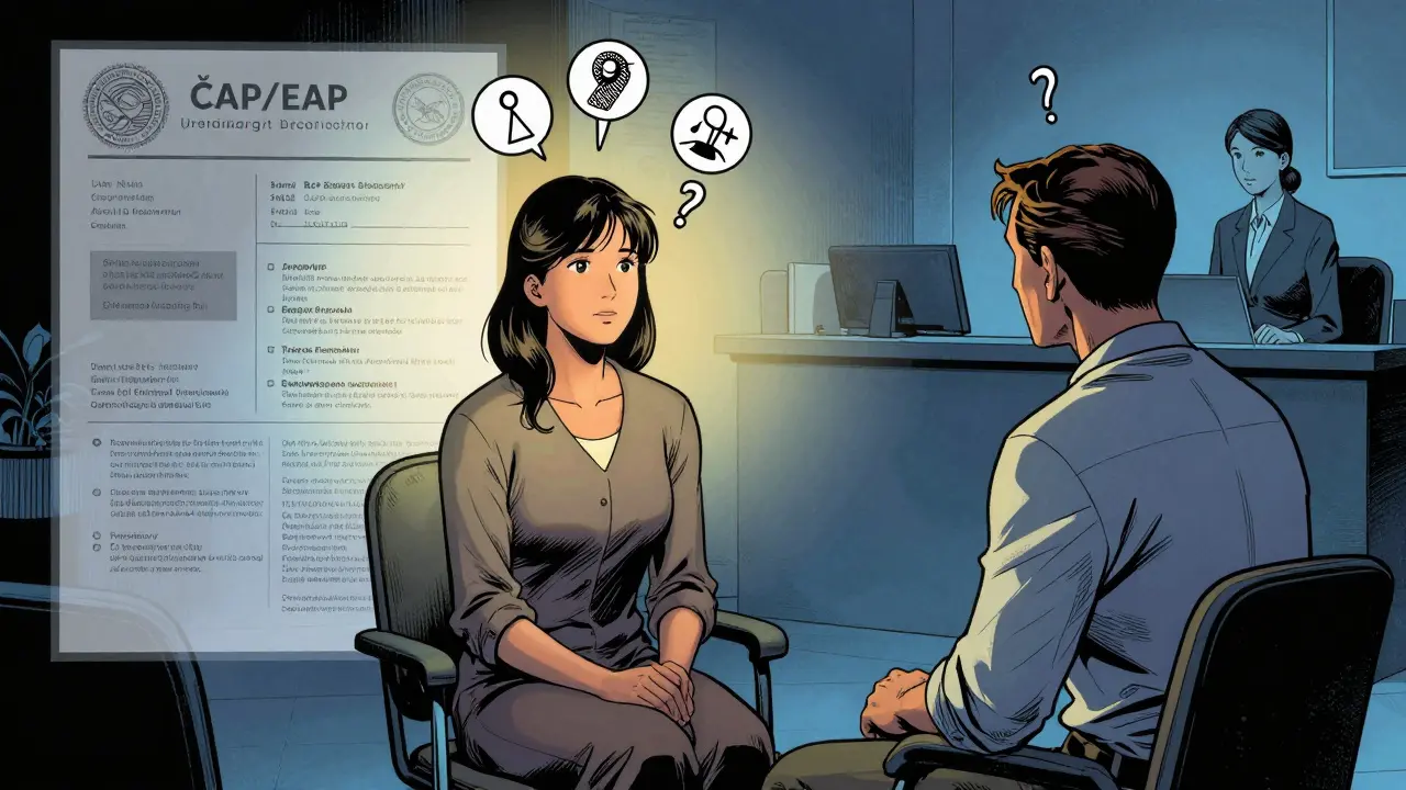 Terapeut a klient během sezení s viditelnými znaky akreditace a emocionálního zatížení.