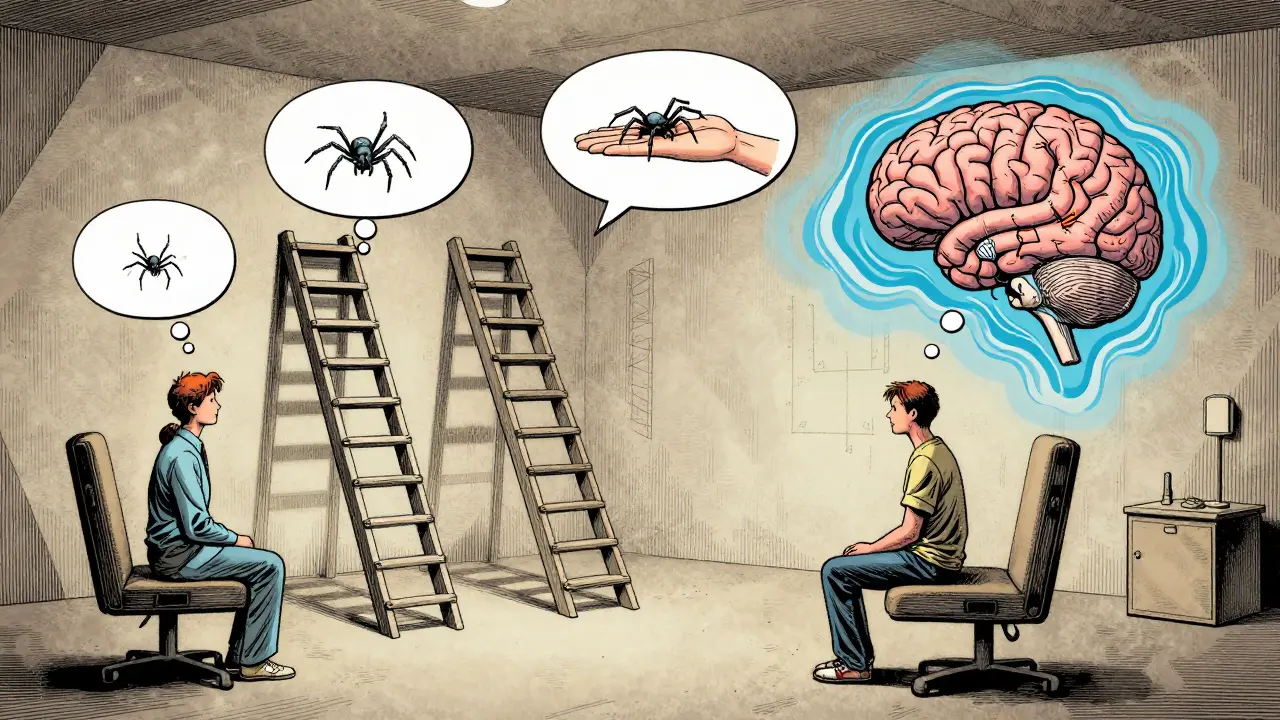 Terapeut a pacient v geometrickém prostoru s kroky expozice a mozkovými obrazci.