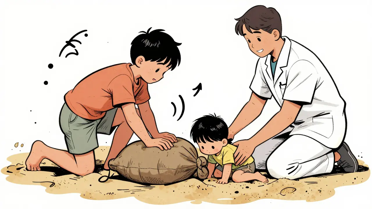 Terapeut pomáhá dítěti tlačit těžký vaku, zatímco druhé dítě hraje s pískem.