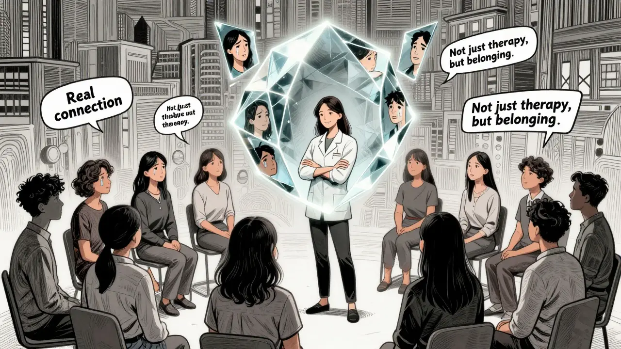 Terapeut pozoruje skupinu, nad nimi se objevuje zrcadlo s odrazem různých emocí.