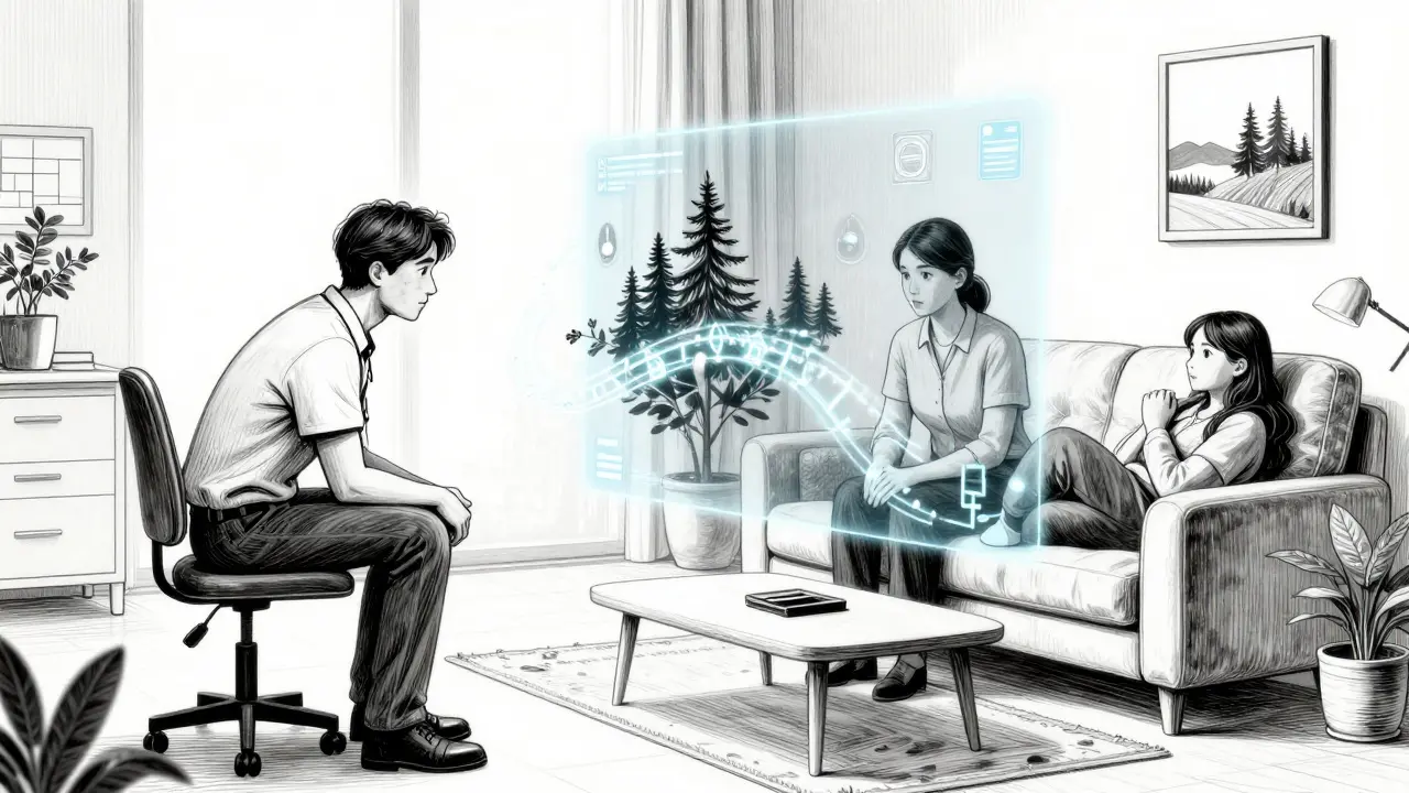 Terapeut v ordinaci a online ve stejném komiksovém panelu, propojení datovým proudem.