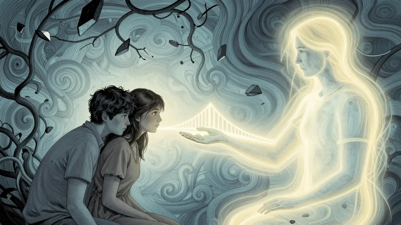 Terapeut vytváří světelný most mezi párem, který se k sobě pomalu přibližuje.